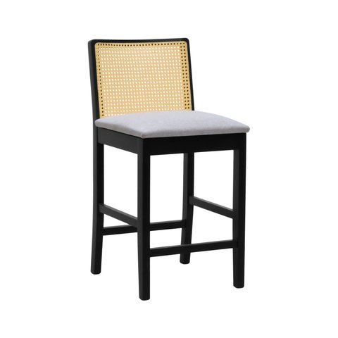 Banqueta Média Pérola Madeira Maciça com Telinha c/ 62cm Altura - Preto Assento Estofado Linho Bege 