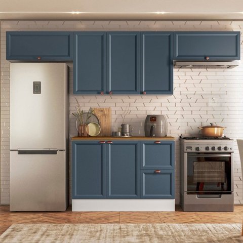 Cozinha Modulada 4 Peças 7 Portas 2 Gavetas Balcão com Tampo Unna Yescasa Branco/Azul