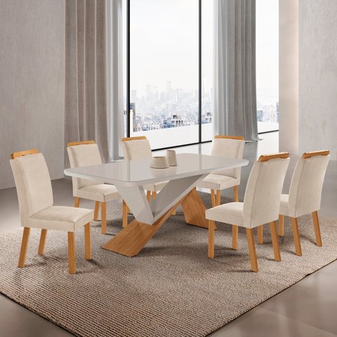 Conjunto Sala de Jantar Mesa Texas Tampo 180cm Canto Copo de MDF/Vidro e 6 Cad Athenas Off White/Creme/Marromle/Serig.