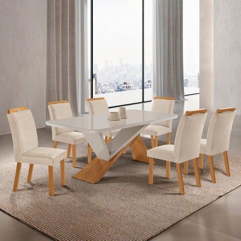Conjunto Sala de Jantar Mesa 180cm e 6 Cadeiras Athenas Off White Creme/ Naturalle