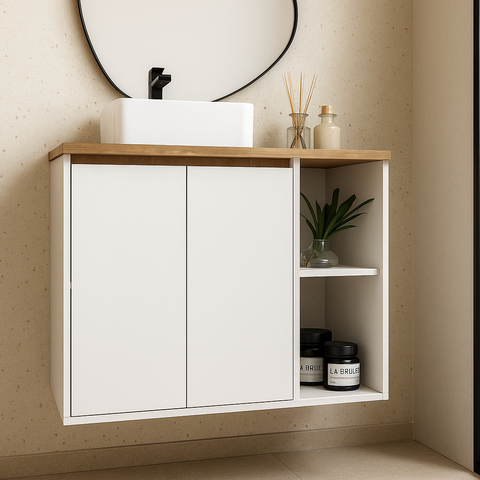 Gabinete de Banheiro Suspenso 70cm 2 Portas 1 Nicho Branco e Freijó Minimalista