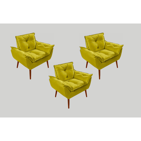 Kit 03 Poltronas Luxo Opala Amarelo Tecido Suede, Pés Palito - Modena Decor