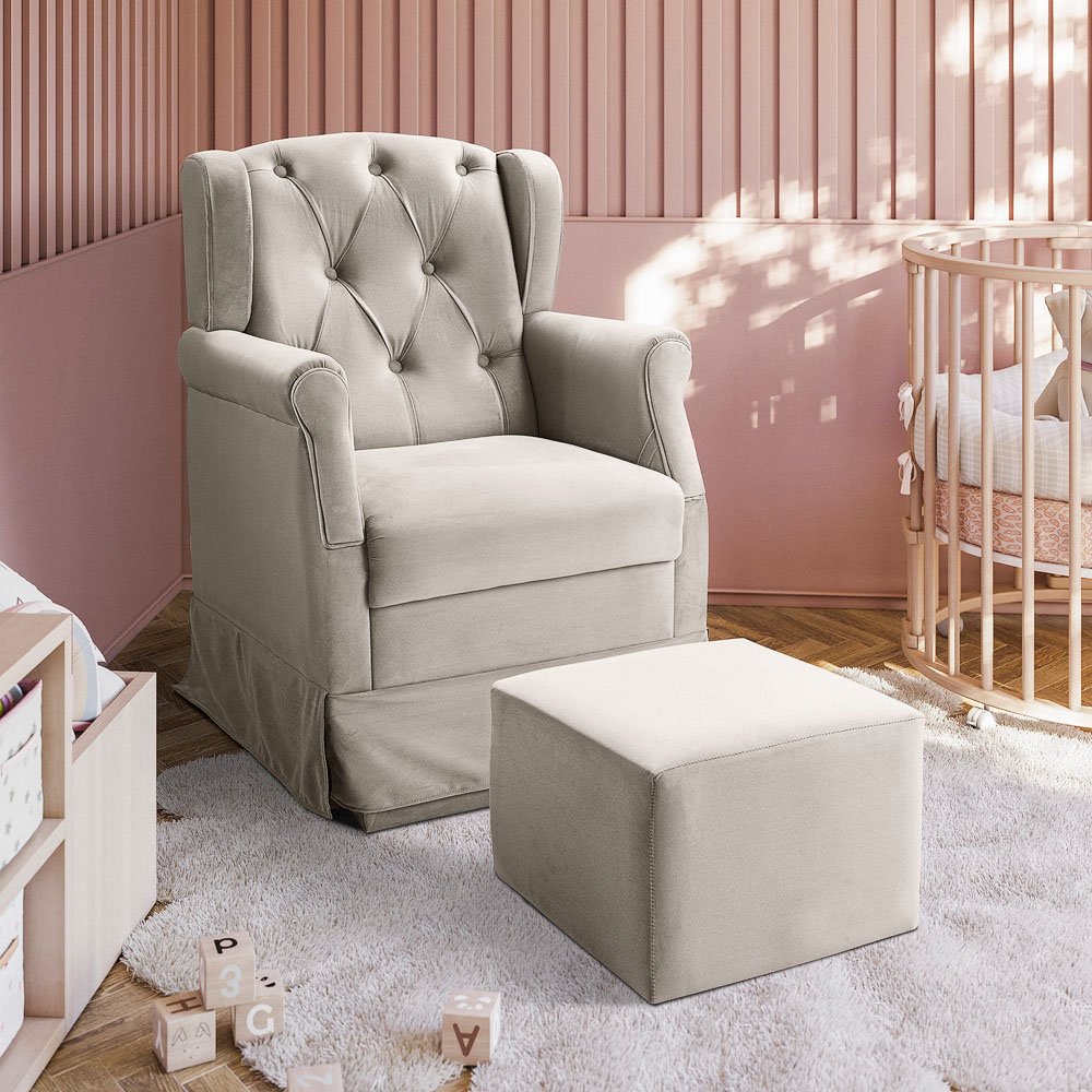 Poltrona Cadeira de Amamentação Balanço + Puff Ternura Veludo Bege Marfim - Speciale Home - 2