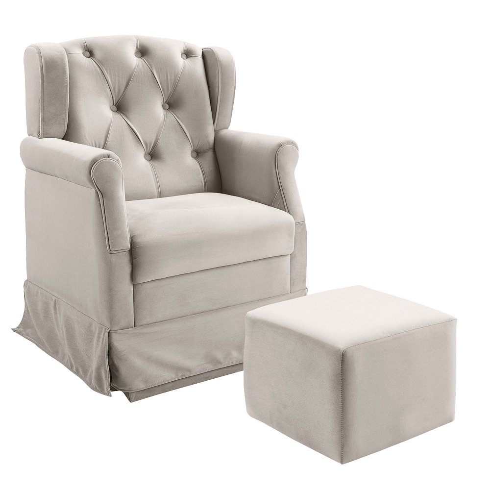 Poltrona Cadeira de Amamentação Balanço + Puff Ternura Veludo Bege Marfim - Speciale Home