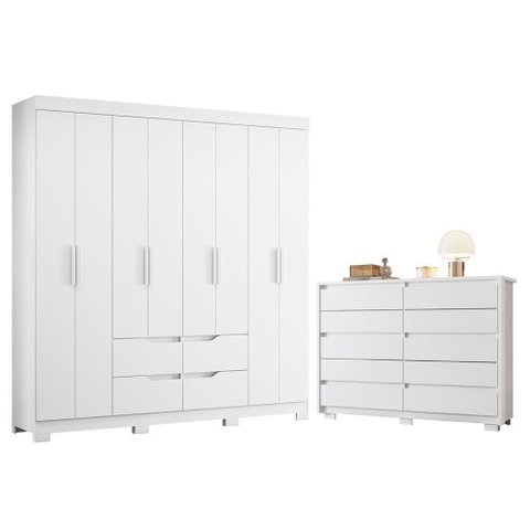 Guarda Roupa Casal com Cômoda Doble 8 Portas 10 Gavetas MDP Branco Albatroz Móveis