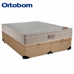 Cama Box Baú King Sintético Bipartido + Colchão Ortobom Airtech Molas Ensacadas 193x203x65 Bege