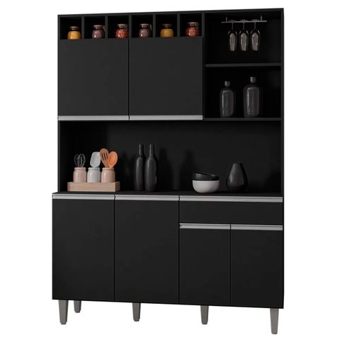 Armário Cozinha Compacta 6 Portas Alice 130cm Preto Fosco Ajl Móveis