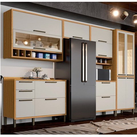 Cozinha Completa Modulada 100% MDF 6 Peças 12 Portas 4 Gavetas e Vidro 354cm Vicenza Espresso Móveis Amêndoa/Off White