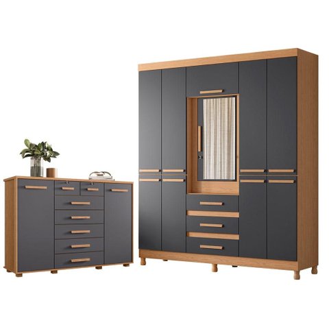 Guarda Roupa Casal New Fusion 10 Portas e Cômoda Fontana Freijo Titanium- Móveis Albatroz