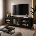 Ver imagem 5 de Rack para TV até 55 Polegadas 3 Portas de Vidro 2 Prateleiras Refresh BR149 Preto/Mel - BRV Móveis