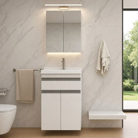 Kit Gabinete de Banheiro com Lavatório e Armário 50cm Movel na Caixa