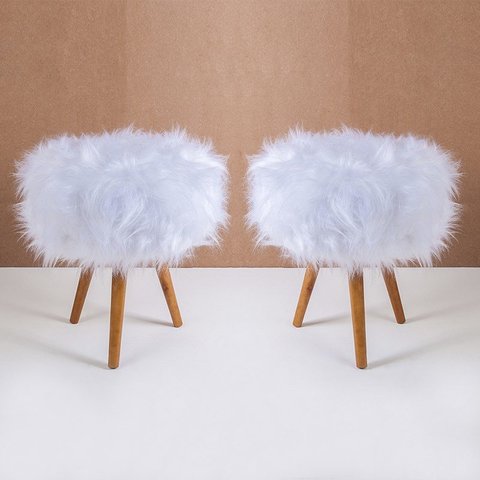 Kit com 2 Puff Turim Pés Palito Pelo Branco - Salaone