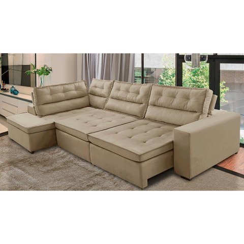 Sofá de Canto Retrátil e Reclinável com Molas Le 3,00x2,00m Viviane Suede Bege