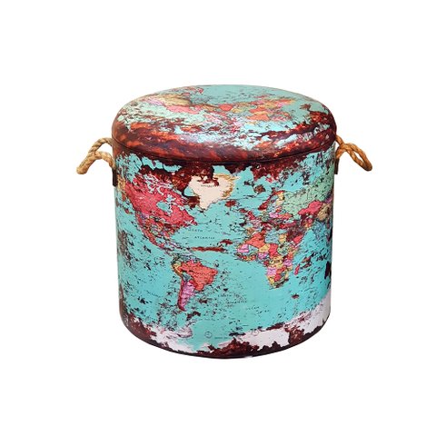 Baú Caixa Organizadora Decorativa Puff Vintage Mapa Mundi G