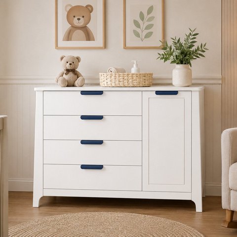 Comoda para Quarto Infantil 4 Gavetas + Porta com Cabideiro Theo Branco/Neve/Azul/Petróleo
