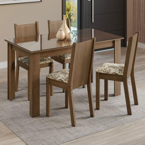 Conjunto Sala de Jantar Mesa Tampo de Vidro 4 Cadeiras Kiara Madesa