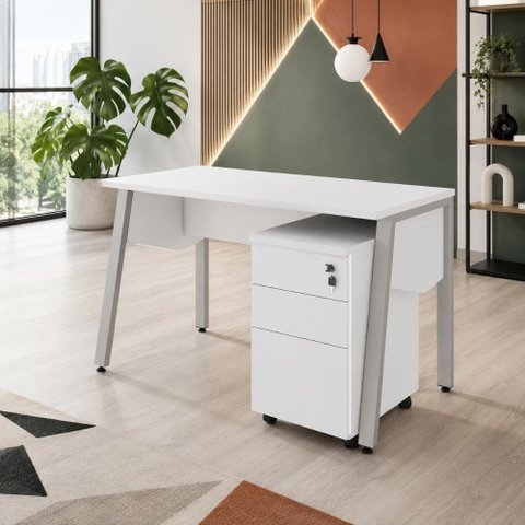 Escrivaninha Escritório Tampo Chanfrado 120cm x 60cm com Gaveteiro Móvel 3 Gavetas F5 Office Cor: