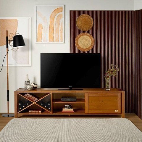 Rack para TV até 65 Polegadas Madeira Maciça 190cm 1 Porta com Adega Primavera CabeCasa MadeiraOriginals Marrom