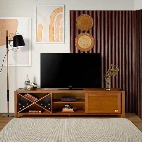 Rack para TV até 65 Polegadas 190cm Pés em Madeira Maciça Tvs 1 Porta com Adega Primavera CabeCasa MadeiraOriginals Marrom