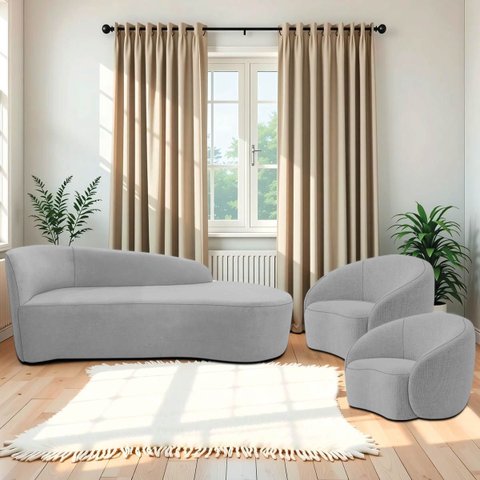 Kit Divã Recamier Orgânico França 140cm Lado Direito e 2 Poltronas Amore Linho