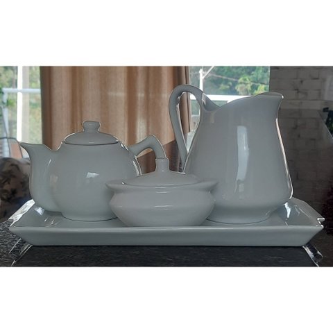 Jogo Café e Chá, Bandeja + Bule Chaleira 400ml + Açucareiro barquinha 100ml + Jarra Leiteira 740ml -