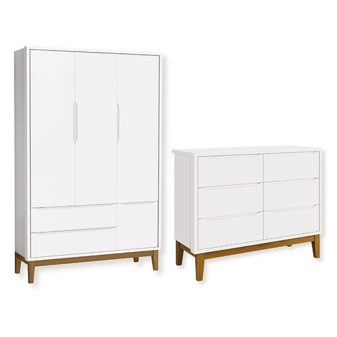 Quarto de Bebê Guarda Roupa Classic + Cômoda 6 Gavetas Madeira Branco Fosco