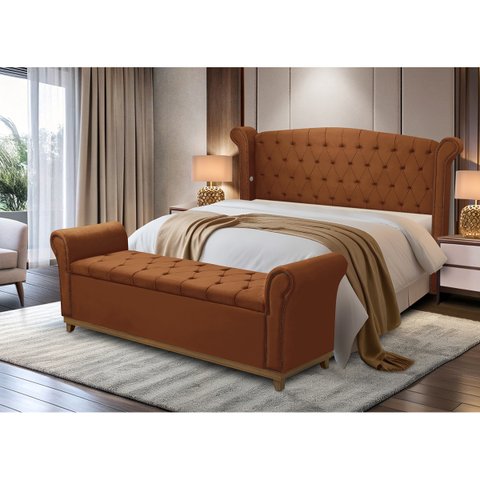 Kit Baú e Cabeceira Estofada Madeira Cama Box Grécia Queen:terracota