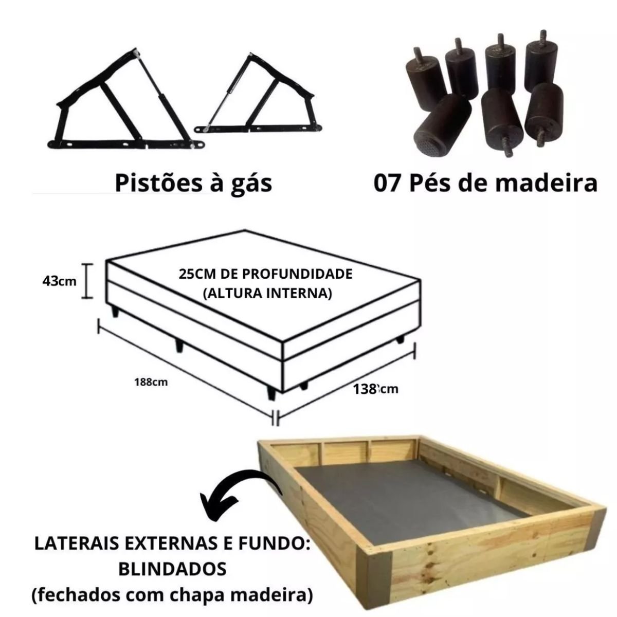 Cama Baú Casal Blindada/reforçada - 43cm de Altura Total - 3