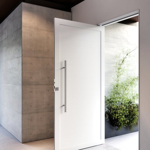 Porta de Alumínio Pivotante Lambri 215x105cm com Puxador de 80cm Lucasa Ideale Abertura Direita