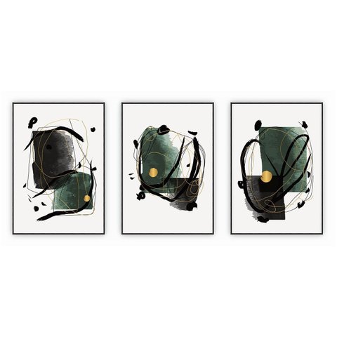 kit com 3 Quadros Decorativos Abstratos com Moldura e Vidro para Sala Quarto Escritório e Clínica 42