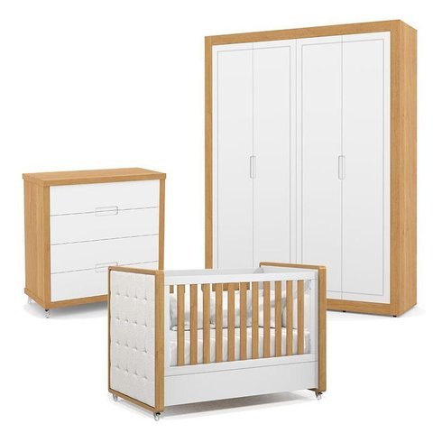 Quarto de Bebe 4 Portas Tutto New com Capitonê New Boucle e Gaveteiro Freijó Branco Acetinado - Mati