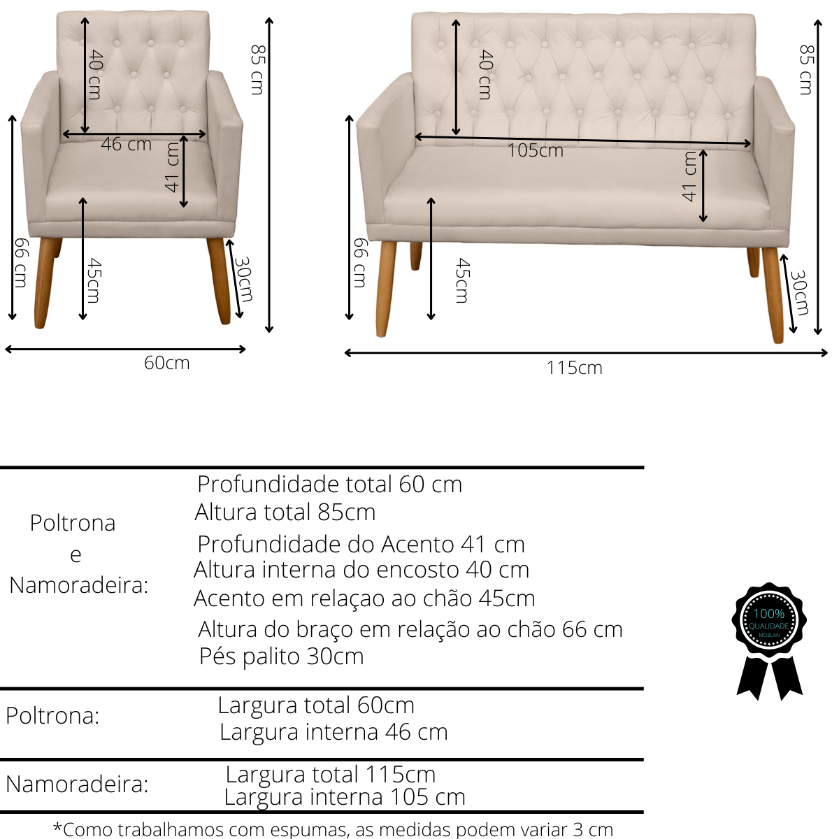 Conjunto 1 Namoradeira 2 Poltronas decorativa capitone com Puff - 7