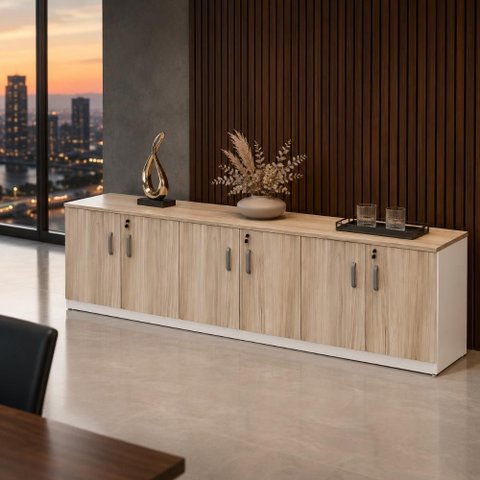 Armário Baixo Escritório 6 Portas 2,60m com Chave e 3 Prateleiras 100% MDF F5 Office Cor:Macadâ