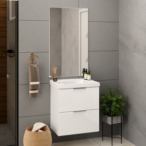Gabinete para Banheiro com Cuba e Espelheira 60cm Pietra Preto/Branco/Brilho