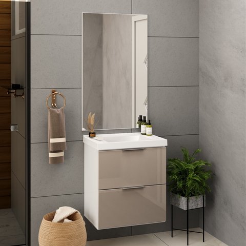 Gabinete para Banheiro com Cuba e Espelheira 60cm Pietra Branco/Gianduia Brilho