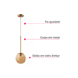Lustre Pendente Orby Dourado Vidro Bola Âmbar Moderno Luxo Sala Quarto Escritório Inl88 - 4