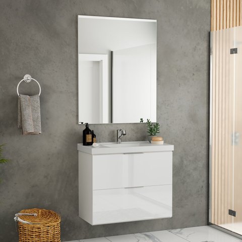 Gabinete para Banheiro com Cuba e Espelheira 80cm Pietra Branco/Brilho
