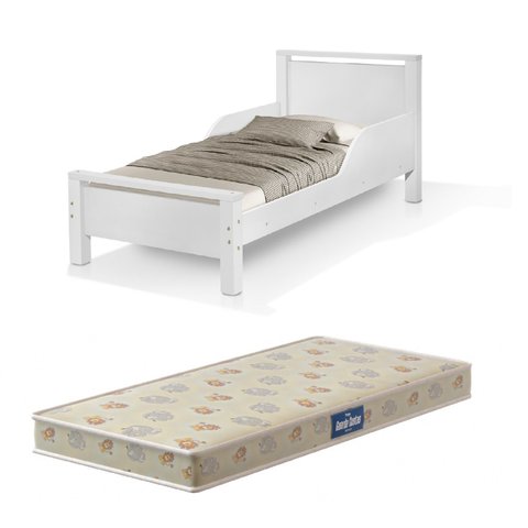 Cama Pequena Infantil Juvenil Branco com Colchão Pes de Madeira