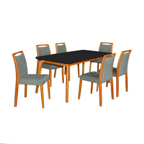 Mesa Jantar Luxo Jade 160x90cm Preto com 6 Cadeiras Estofadas Veludo Cinza Base Madeira Maciça Mel