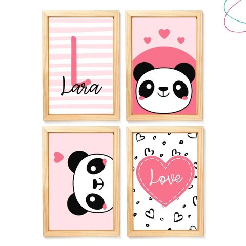 Quadro Decorativo Infantil Panda Rosa e Preto Moldura Vidro:pinus