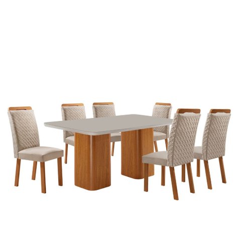 Mesa de Jantar Eloise 180cm Tampo MDF Vidro Canto Copo com 6 Cadeiras Aline