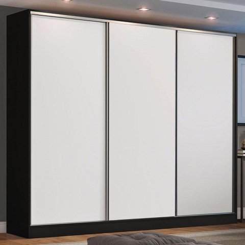 Guarda Roupa Casal 100% Mdf Madesa Zurique 3 Portas de Correr - Preto/branco