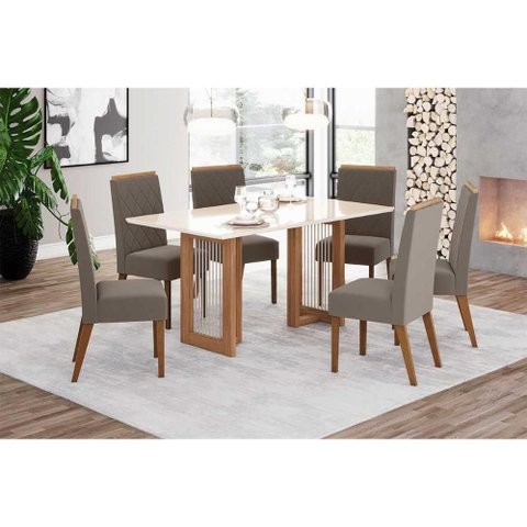Sala de Jantar Completa Yara c/ Tampo Madeirado c/ Vidro Reto 160x90cm e 6 Cadeiras Nina Nature/