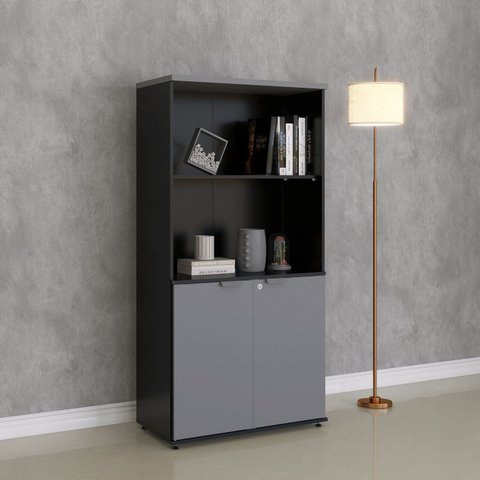 Armário Misto para Escritório com Nicho e Portas com Chave 159,6cm Linha P25 Pandin Branco/Preto/Gra