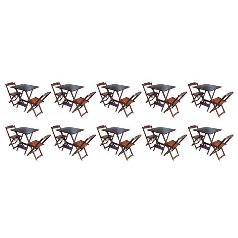 Kit 10 Jogos de Mesa Dobravel com 2 Cadeiras de Madeira 70x70 Ideal para Bar e Restaurante - Imbuia