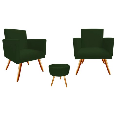 Kit 2 Poltronas Decorativa Nina + Puff Redondo Suede Verde Pés Madeira Ms Decor