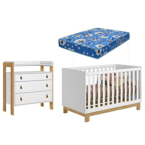 Berço Americano 4315 Q Encanto Slim com e Cômoda 4410 Fantasia Branco Acetinado Colchão Ortobom