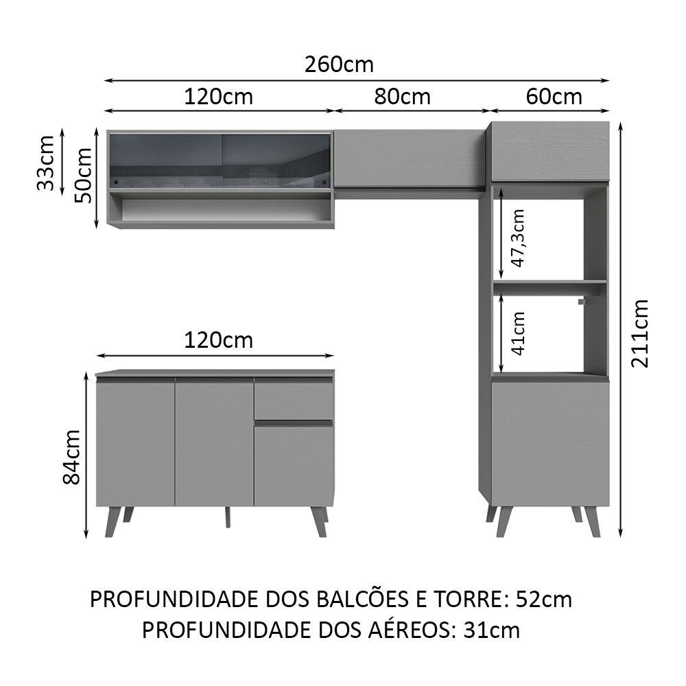 Armário de Cozinha Completa 260cm Cinza Nice Madesa 08 - 4