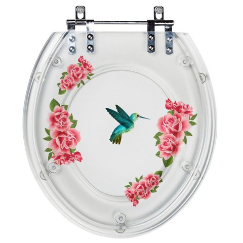 Assento Sanitário Tampa de Vaso Convencional Oval Transparente Decorado - Beija-flor com Flores
