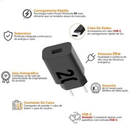 CARREGADOR DE TOMADA TURBOPOWER 20W MOTOROLA PRETO C/CABO USB-C - 5